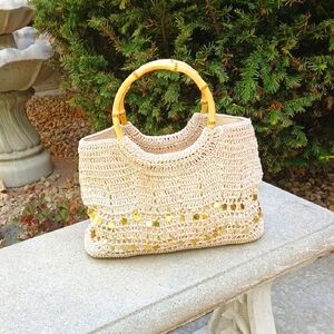 Elegant Cream Crochet Handbag with Bamboo Handles